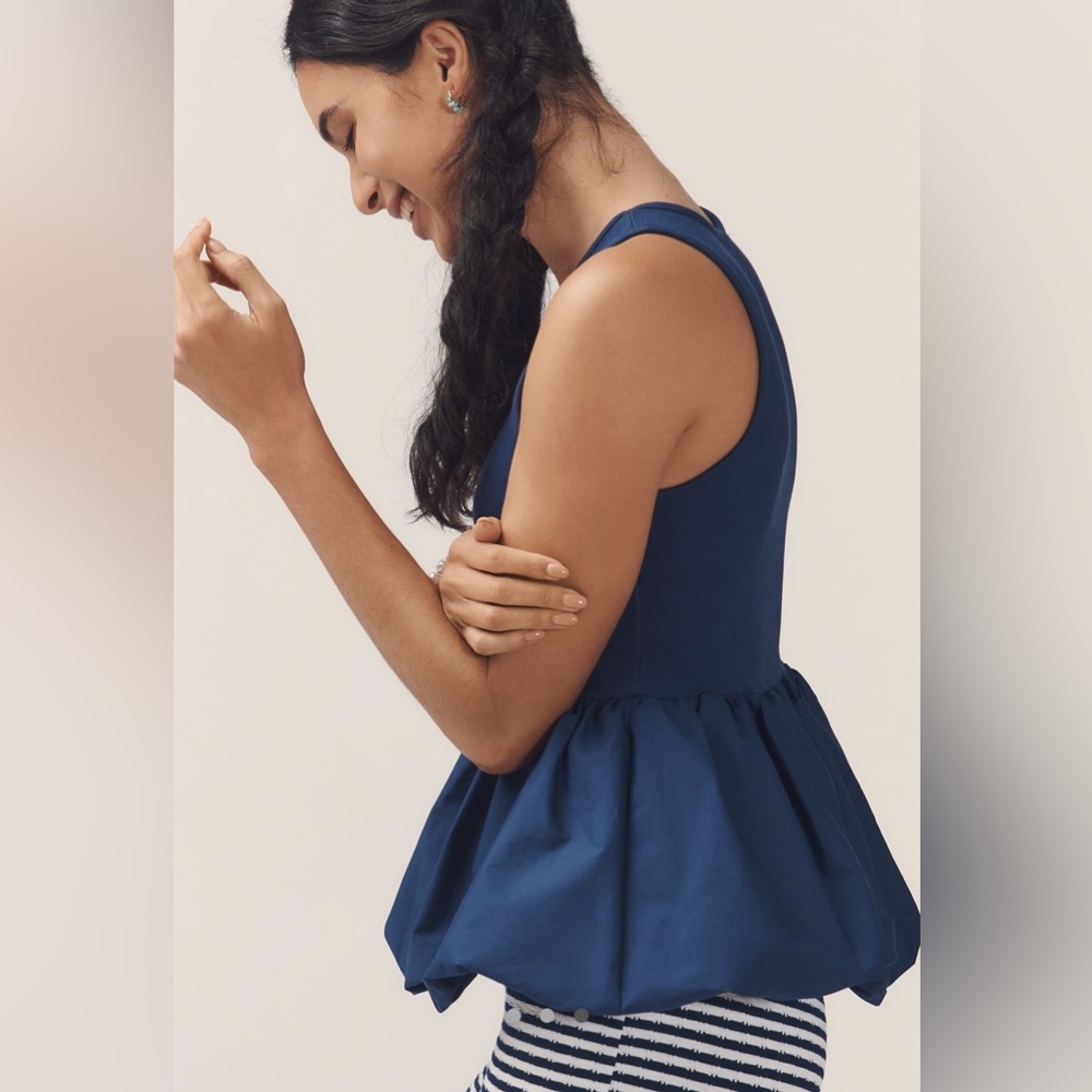 Anthropologie Maeve Navy Ink Bubble Peplum Top - Picture 2 of 3